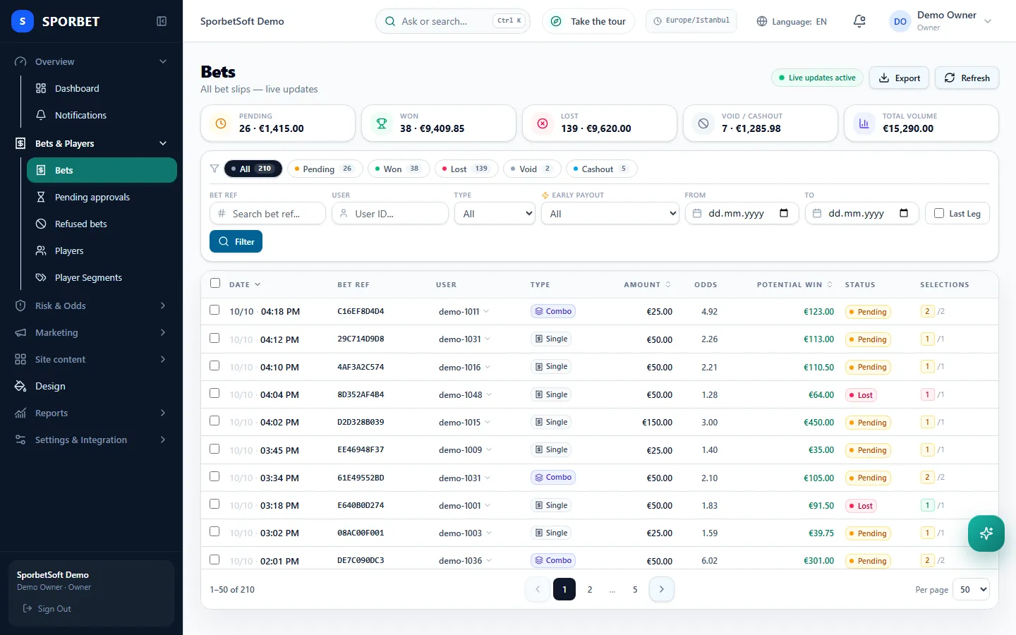 Partner panel bets list with ticket status, stake and odds