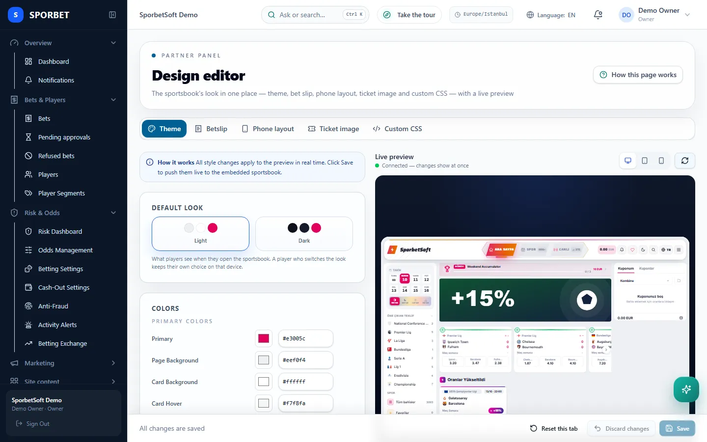 Partner panel design editor with theme colours and a live preview of the sportsbook