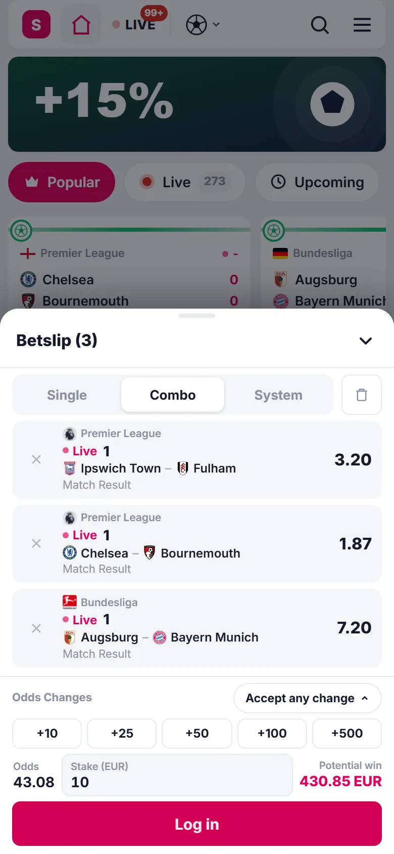 Bet slip open on a phone with three selections in a combo bet