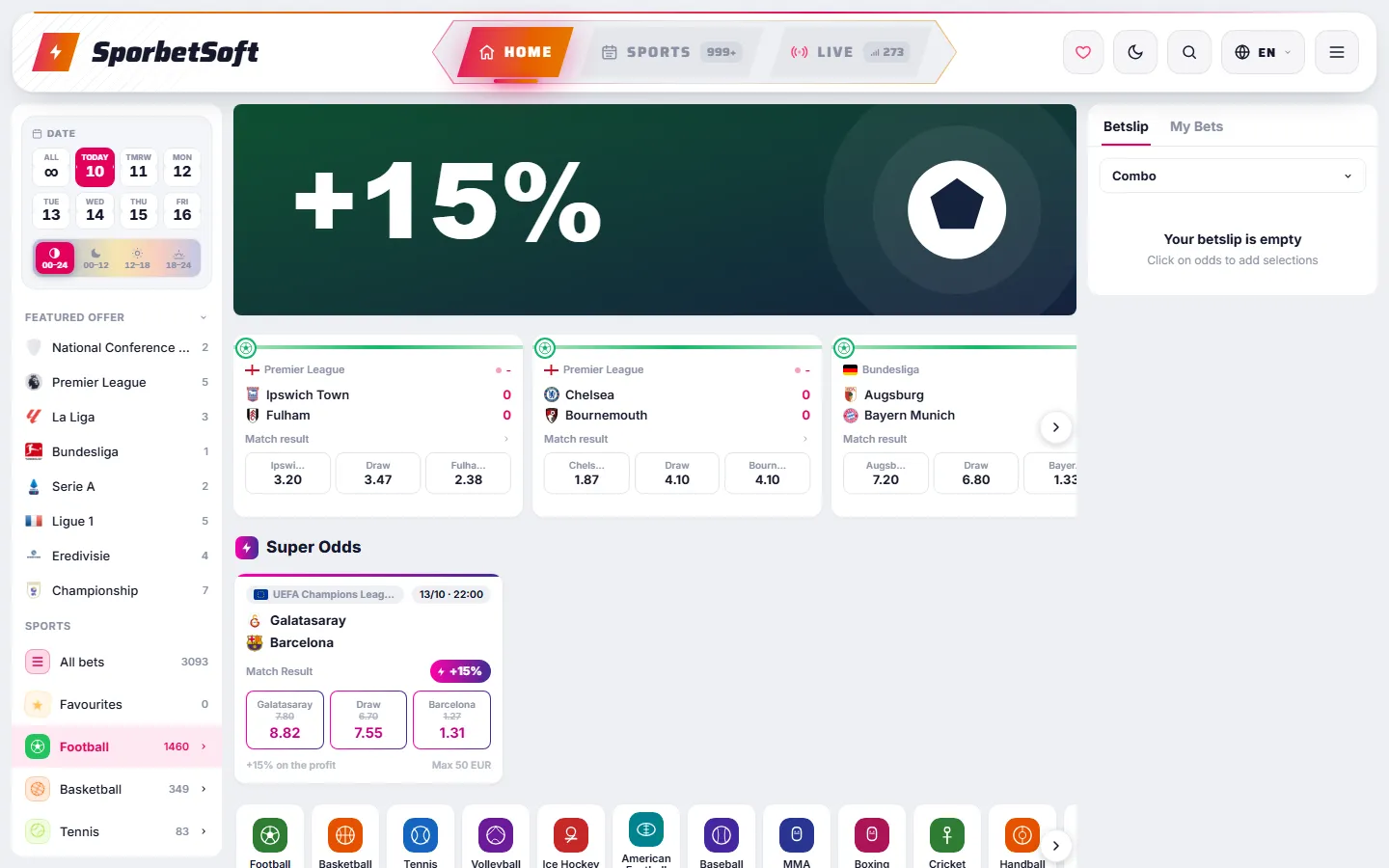 SporbetSoft player site on desktop with football matches, odds and a bet slip